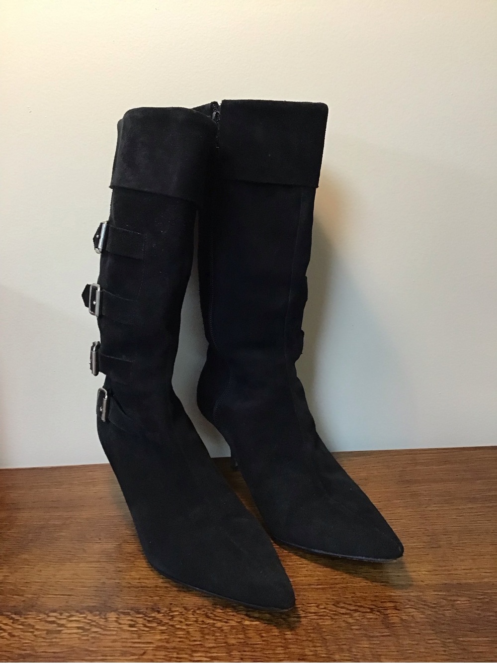 Black Suede Knee-High Buckle Heeled Boots
